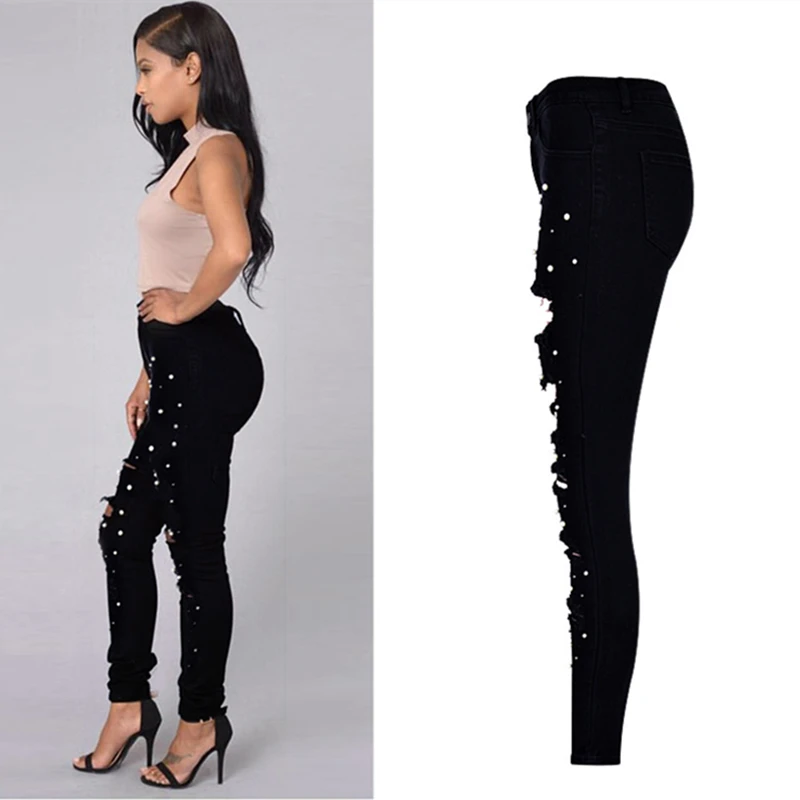 Женские джинсы LOGAMI с высокой талией женские жемчугом черные брюки|Узкие джинсы| |