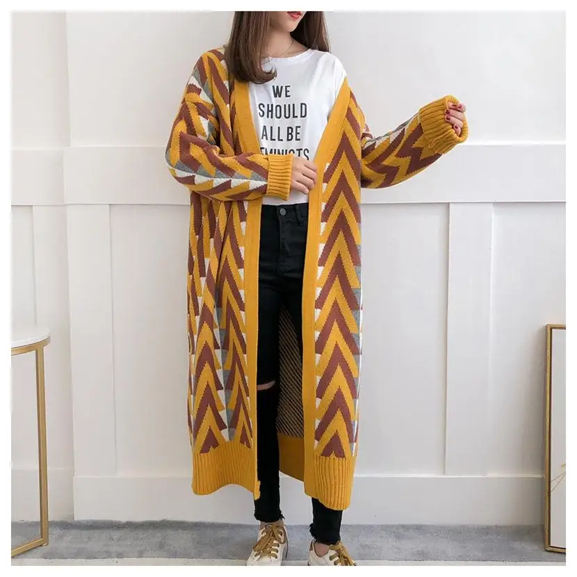 HF18188 Yellow HSA женский длинный свитер кардиганы осень зима длинный свитер куртка геометрический вязаный кардиган длинное пальто зимнее пальто для женщин - Цвет: HF18188 Yellow