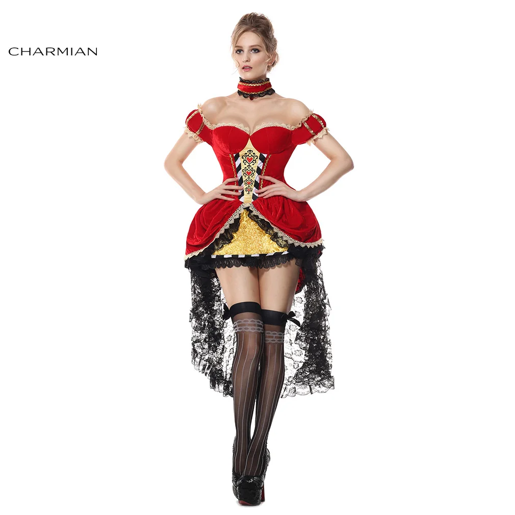 Charmian Wonderland бархатная Королева сердец аниме косплей костюм на Хэллоуин для женщин с открытыми плечами костюм Фантазия