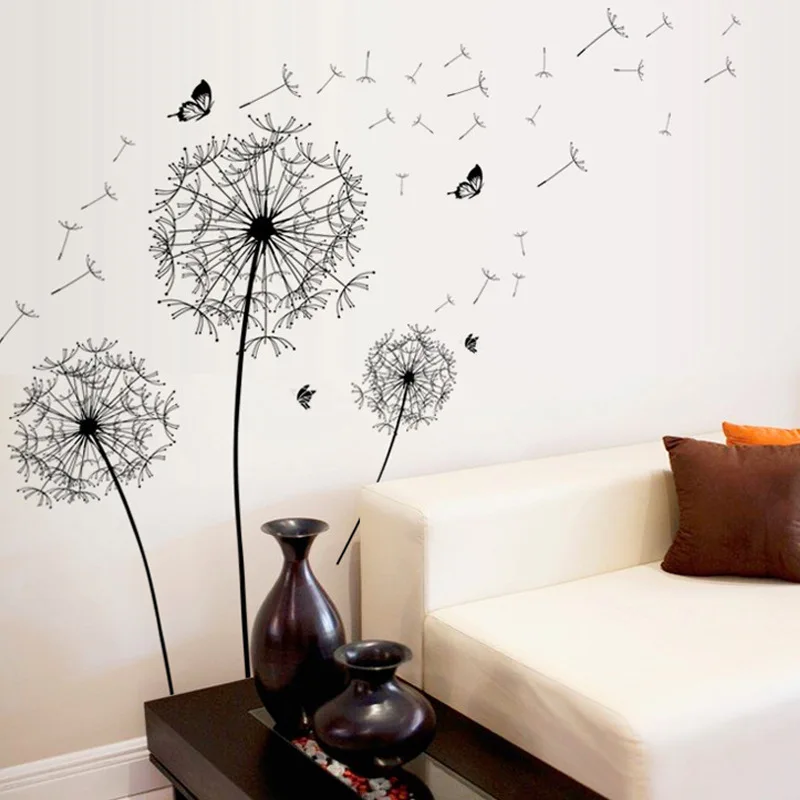 Домашний декор новый большой черный летающих бабочек Одуванчик Наклейки на