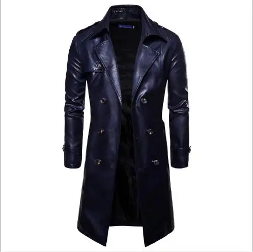 Мужские кожаные пальто 2019 новые зимние длинные стильные однотонные двубортные