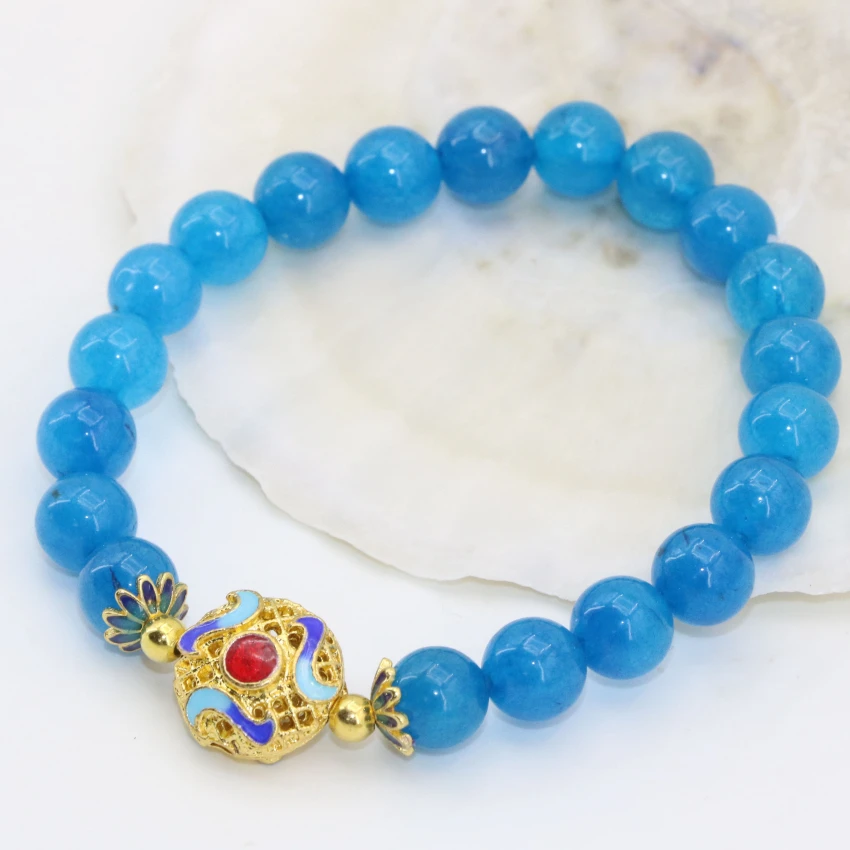 Высокий класс синий полудрагоценный камень нефриты Халцедон бусы Браслеты 8 мм