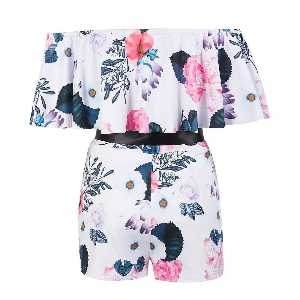 Slash Neck Bandage Bow Playsuit Women Short Sleeve Off Shoulder Vintage Boho Jumpsuit Rompers Ruffles Jumpsuits Summer SJ3123R |