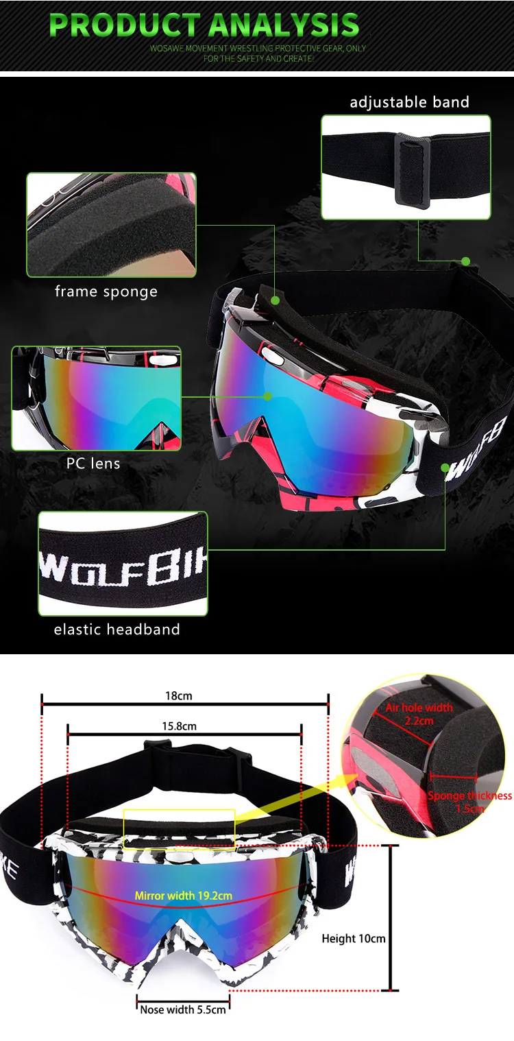 

WOSAWE Sports Ski Glasses Cross-country Dustproof Protective Goggle Snowmobile Motocross Sunglasses Windproof Motorcycle Glasses