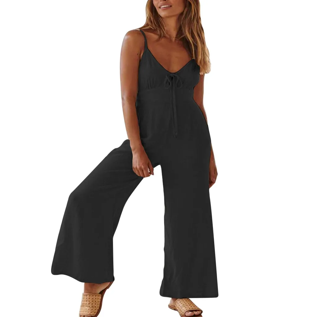 Женский комбинезон на шнуровке длинный с V-образным вырезом и широкими штанинами