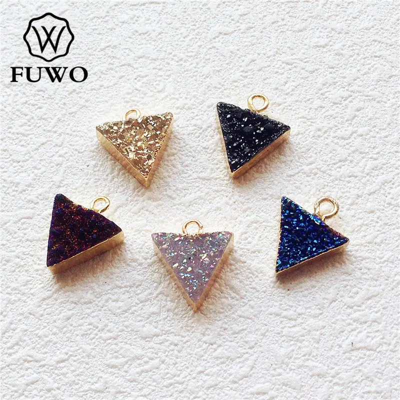 

FUWO Triangle Aura Druzy Pendant With Titanium Electroplated Raw Quartz Crystal Cluster Jewelry Accessories Wholesale PD146