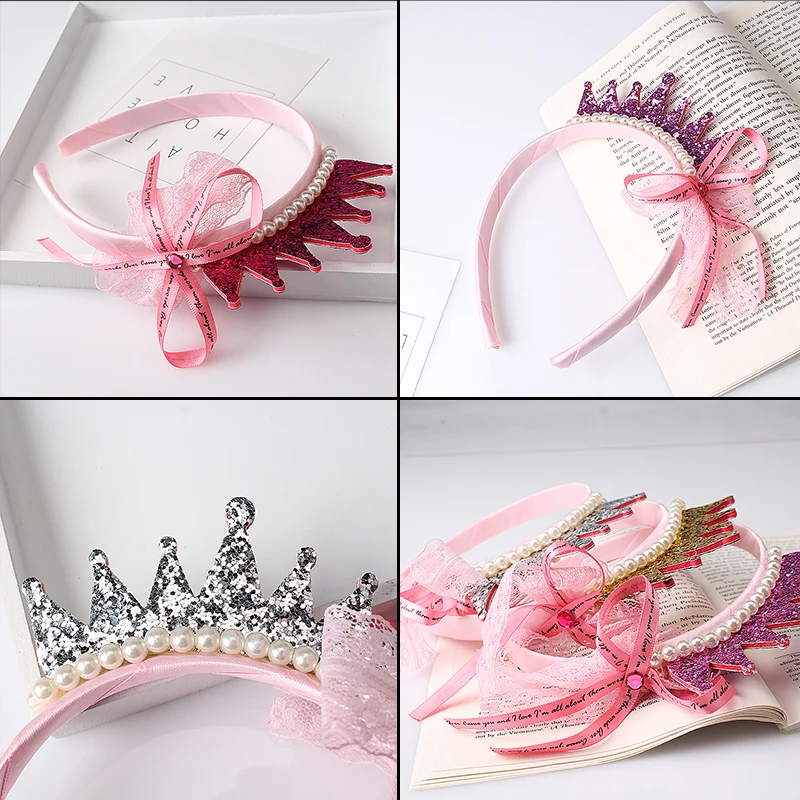 Обручи для волос девочек с жемчужинами и кружевным бантом корона принцессы