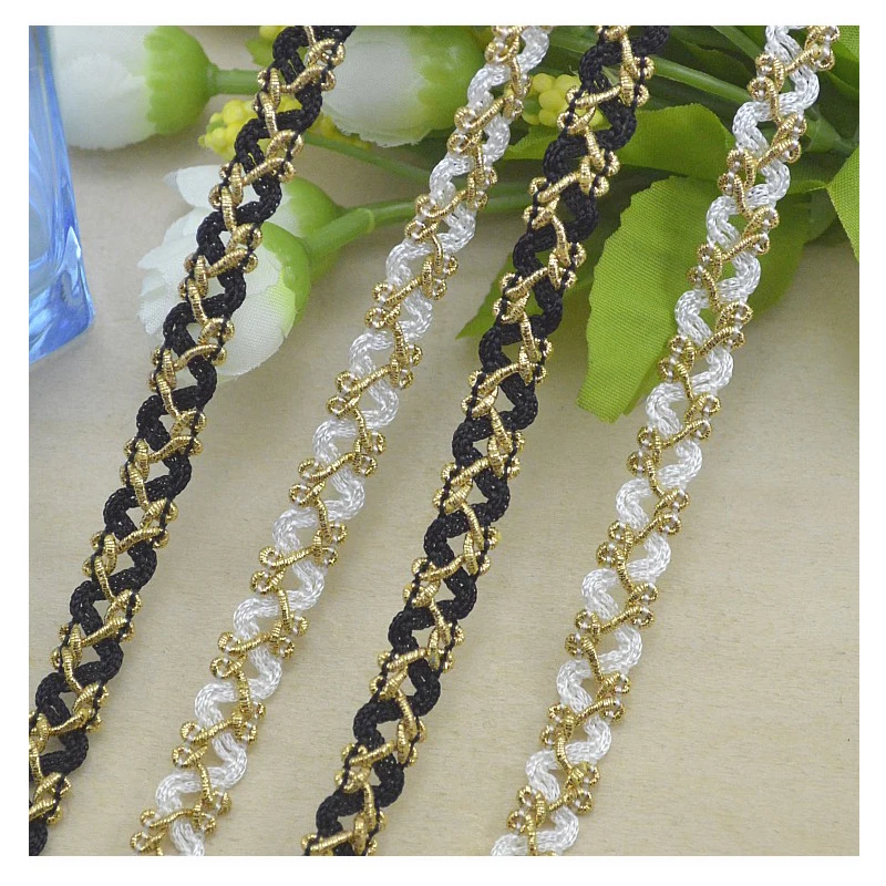 

Free Shipping!Special Polyester Yarn Gold Black Lace Rope Crocheted Lace Hook Line Gold Thread Lace Trim 1cm Ribbon 50meters/Lot