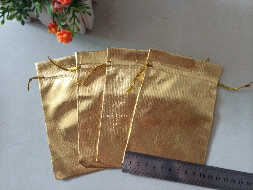 

100 pcs 10x15cm Gold Plated Satin Gift Bags With Drawstring jewelry gift Pouch bags