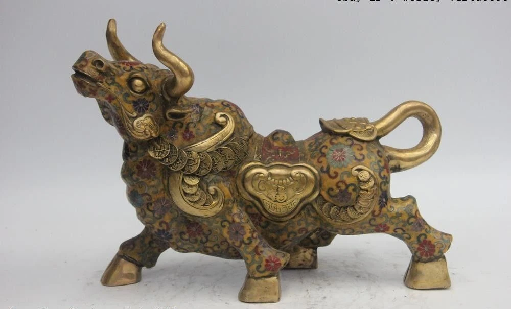 Китай Бронза Медь cloisonne эмаль Lucky wealth Ruyi OX Oxen Bull toro статуя | Дом и сад
