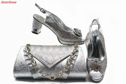 doershow new come Italian silver Shoes With Matching Bags African Women Shoes and Bags Set For Prom Party Summer Sandal STB1-19