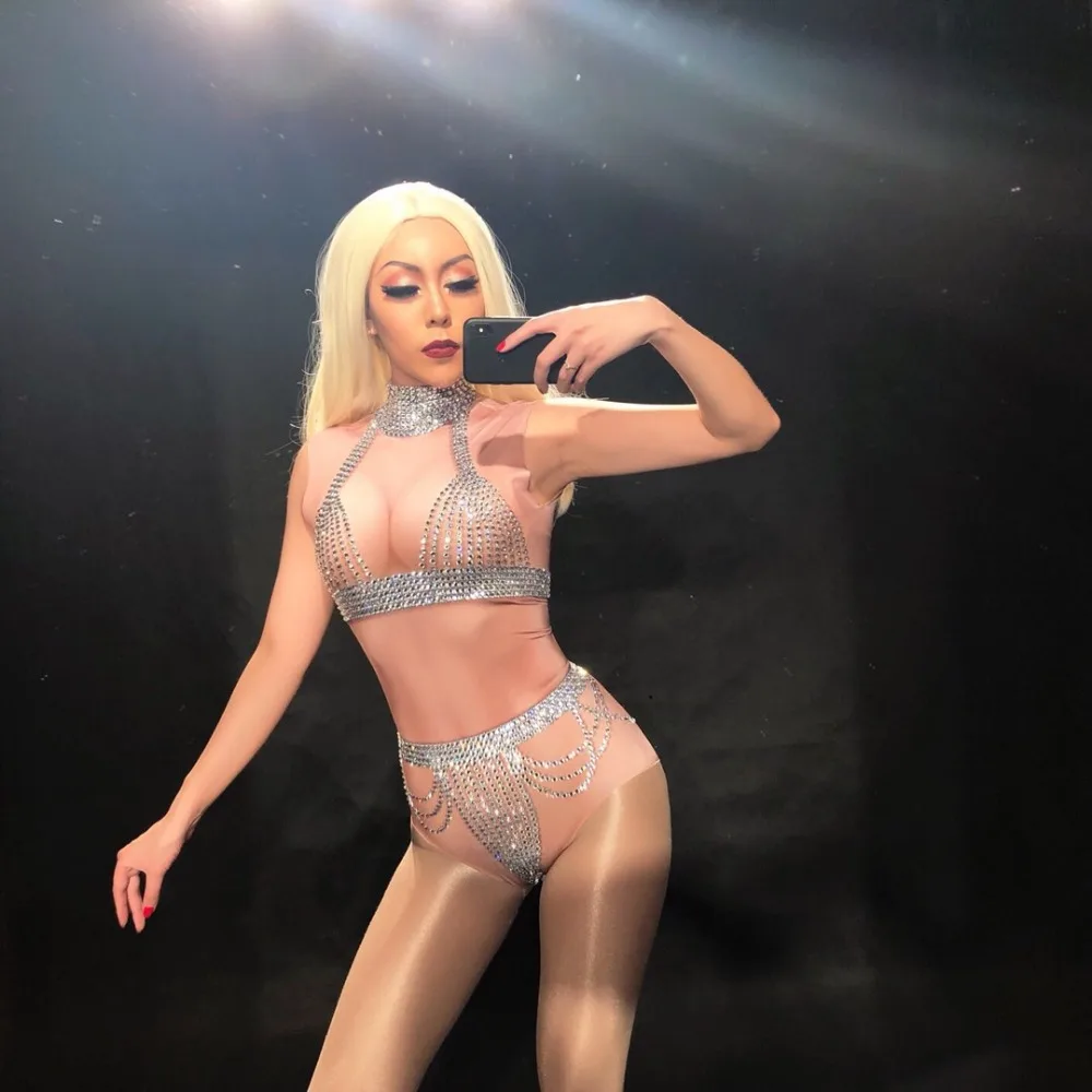 Women Sexy Stage Silver Glass Sparkling Crystals Bodyuit Clothing Nightclub Beach Party Stage Wear Singer Dancer Sexy Bodyuit