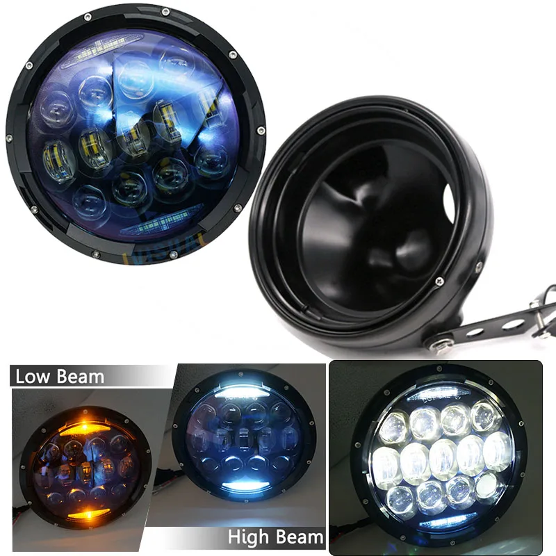 

130W 7" Inch Blue Headlights with DRL/Amber Turn Signal Bucket Trim Ring Bracket for Touring Road Star