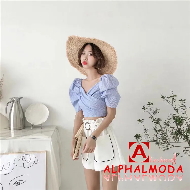 ALPHALMODA летние женские эластичные укороченные топы с рукавами-фонариками плиссированные женские зауженные модные летние топы