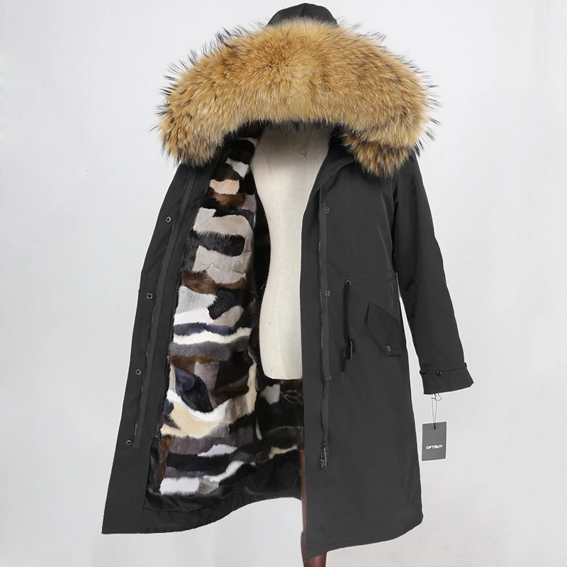 OFTBUY X-длинное пальто с натуральным мехом, зимняя куртка, Женская парка с натуральным мехом, подкладка из меха норки, воротник из меха енота и лисы, капюшон, теплая уличная одежда - Цвет: black natural