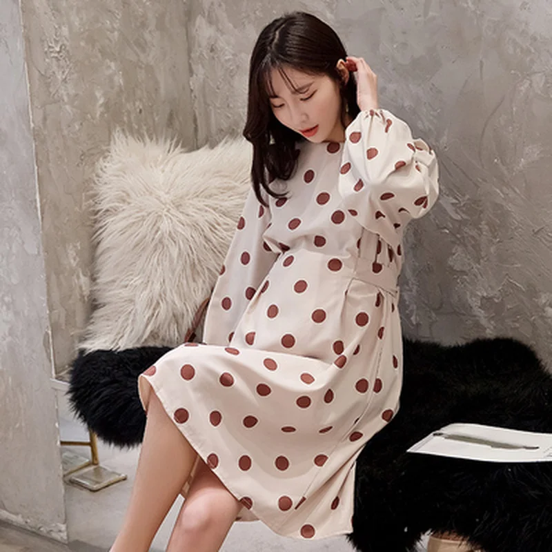 Платье для беременных с принтом в горошек весна 2019 корейская мода галстук