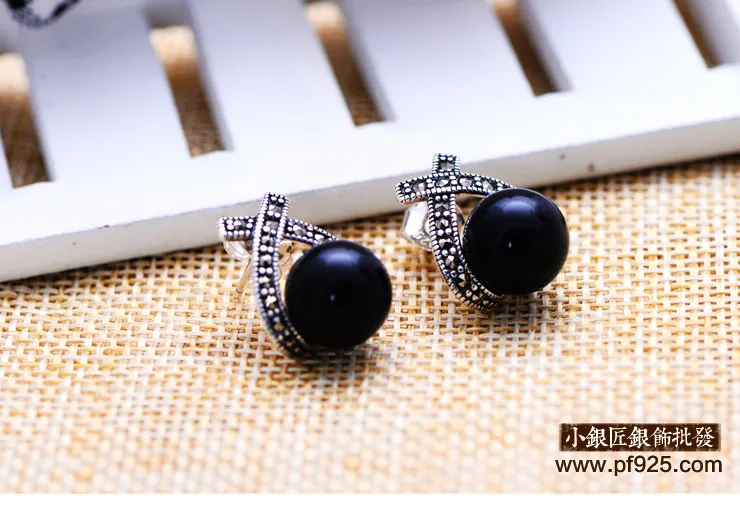 Женские серебряные ретро серьги с черным ониксом ювелирные изделия из тайского