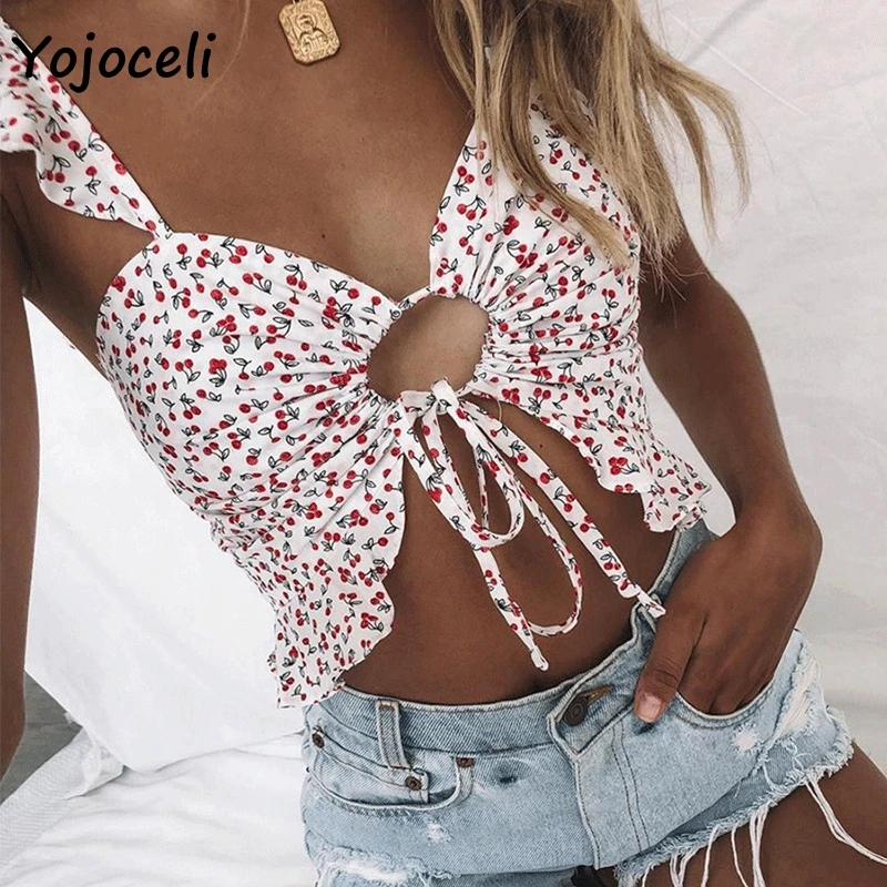 Yojoceli Симпатичные boho летние топы с принтом 2019 женские короткие рюшами рубашка |