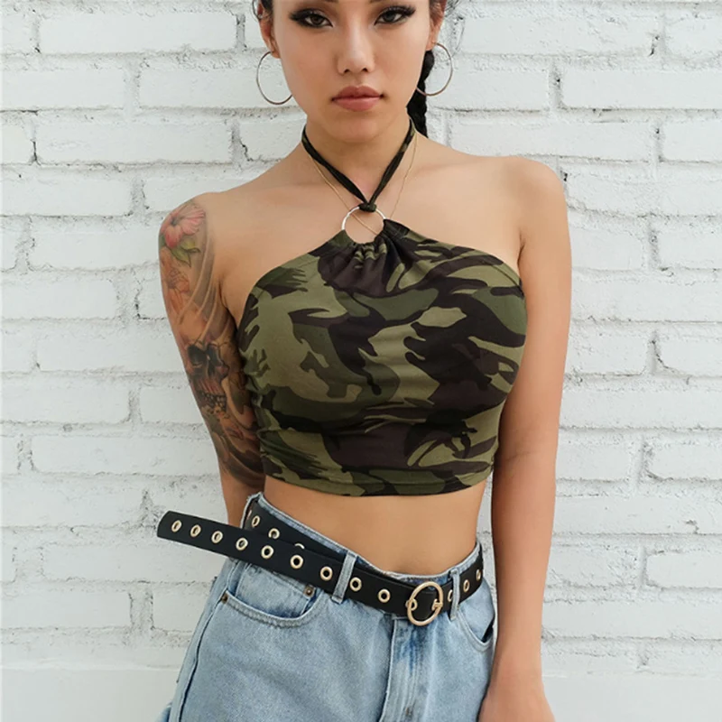 Женский Камуфляжный топ на бретельках с открытой спиной для вечеринки клуба Camo