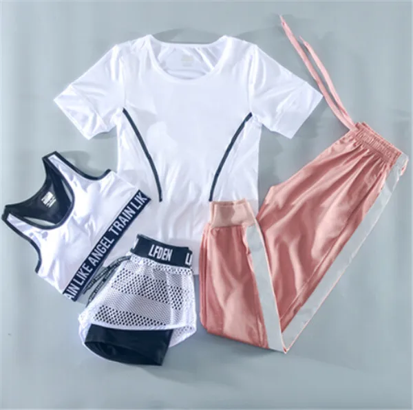 4 piece set b Летний женский спортивный комплект из 4 предметов для бега, быстросохнущая футболка+ бюстгальтер+ сетчатые шорты+ штаны, костюм для фитнеса, спортзала, йоги, одежда для тренировок - Цвет: 4 piece set b