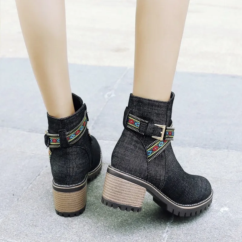 US4-11 женские джинсы с круглым носком ботильоны вышивкой оксфорды на массивном