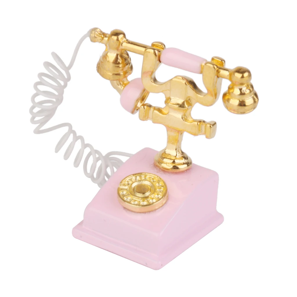 Кукольный домик миниатюрный ретро телефон розовый винтажный стол проводной
