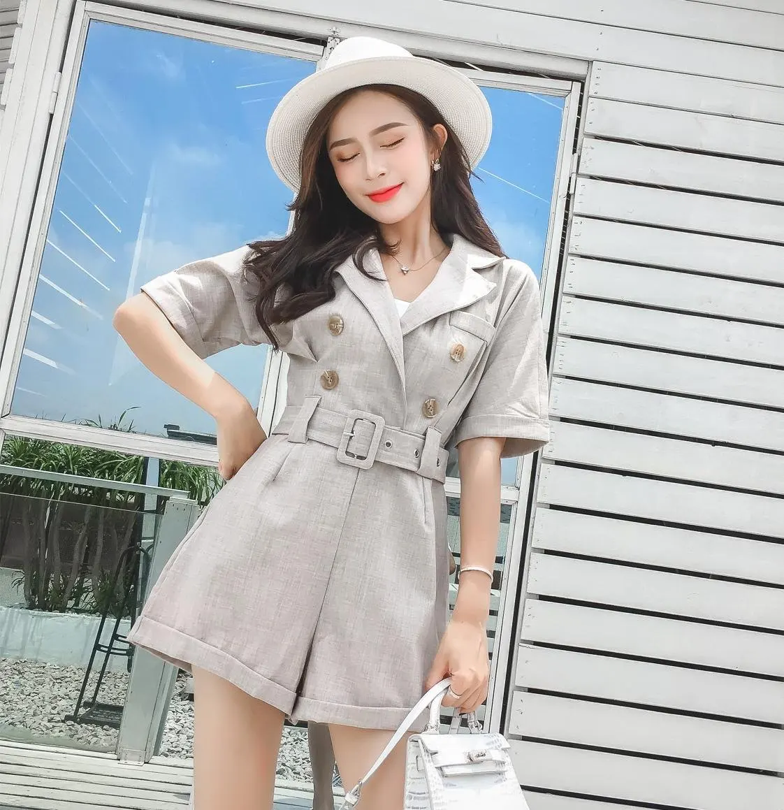 

2021 Summer Body Promotion Cotton Rayon Jumpsuit Women Catsuit New Siamese Suit Wide Leg Jumpsuit Belt Double Breasted Female