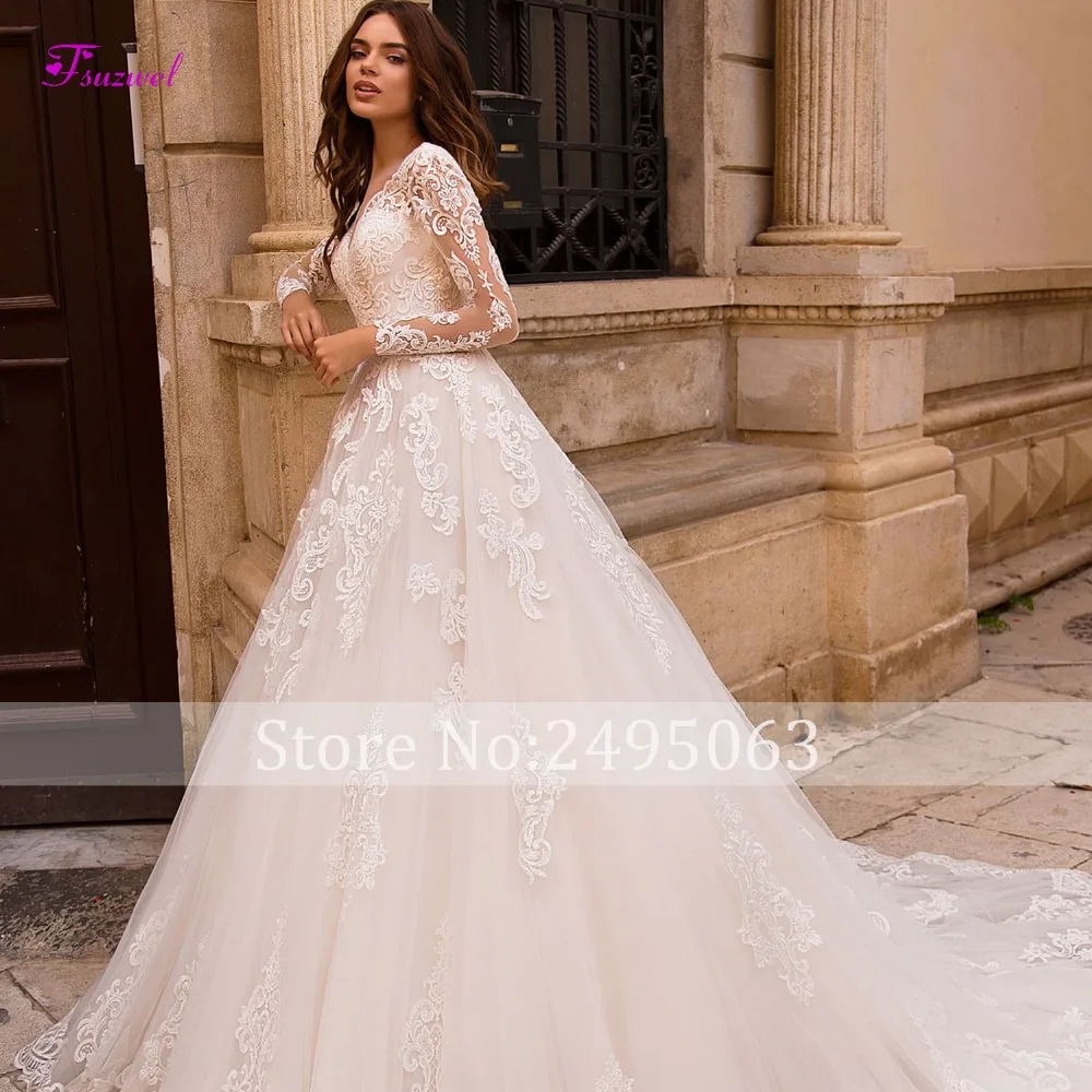 Fsuzwel Vestido de Noiva Свадебные платья трапециевидной формы с длинным рукавом и аппликацией сексуальное свадебное платье принцессы с v-образным вырезом на шнуровке размера плюс