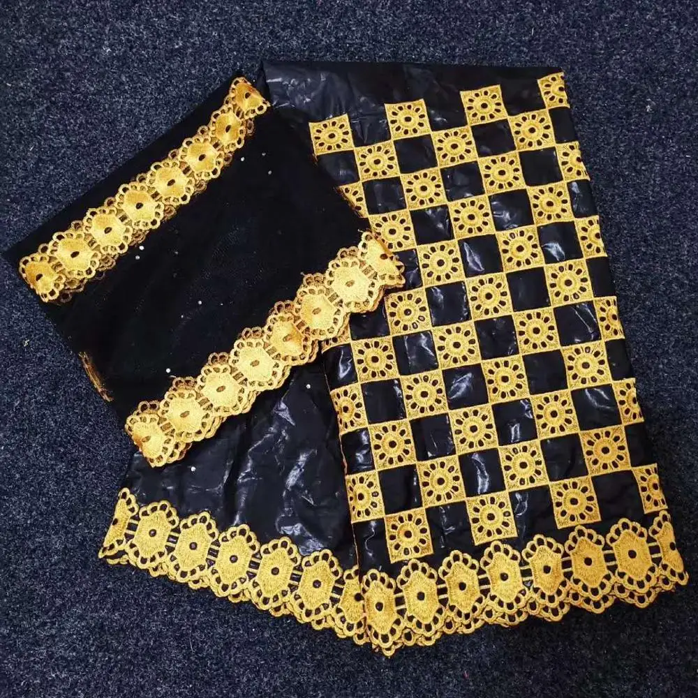 5 ярдов + 2 Индия Базен Riche Getzner кружевная ткань 2018 с блузкой бисером золотая линия