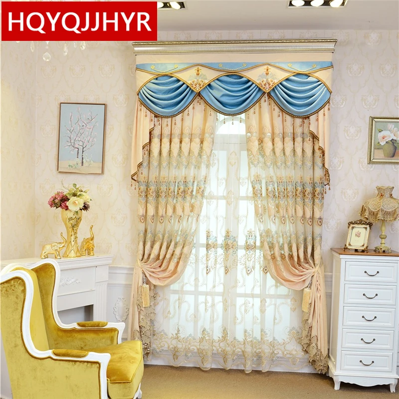 

Beige Deluxe European custom villa embroidered Floor curtains for Living Room Classic royal style Flat curtains for Bedroom