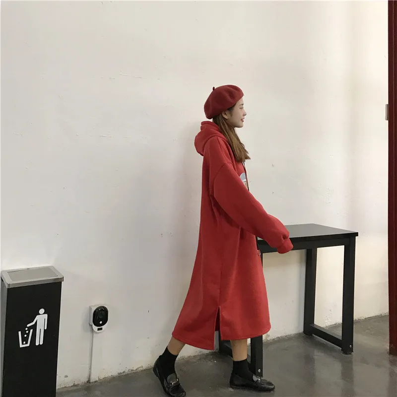 Толстовки женские длинные с капюшоном с принтом зимние толстые плюс бархатные теплые корейские Стильные свитшоты женские s Kawaii универсальная шикарная одежда