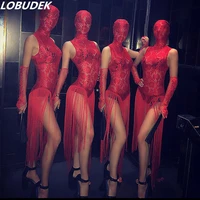 red lace see through tassel bodysuit female perspective costume sexy nightclub pole dance outfit dj team performance stage wear