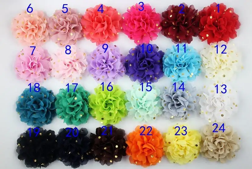 Новинка 2017 года 4 дюйма Шифоновый Цветок в Золотой горошек для заколки девочек 24