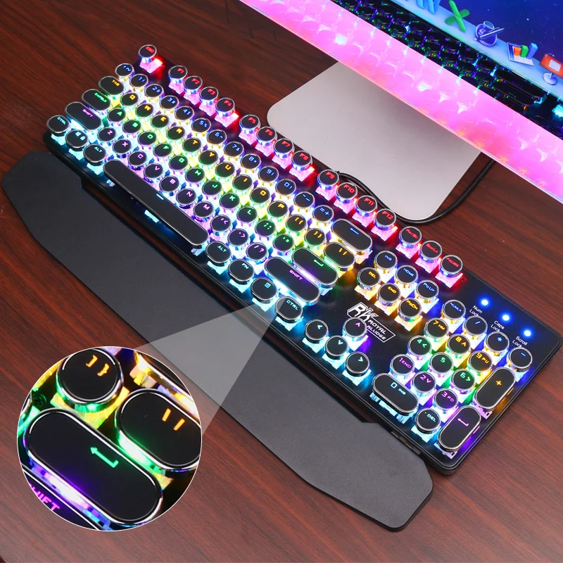 

Gaming Backlit Mechanical Keyboard Letter Alphabet Glowing Illuminated 104 Keys USB Wired Retro Punk Style Circle Round Key Cap