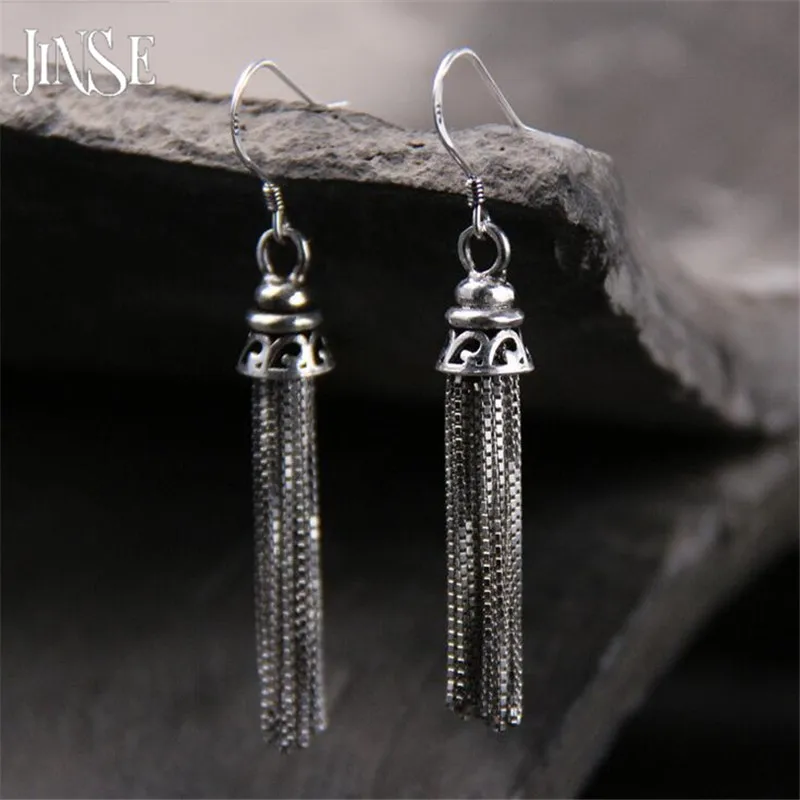 

Vintage Earings Fashion Women Jewelry Big Drop Antique Silver S925 Pure Silver Tassel Ethnic Dangle Costume Drop Earring 8*34mm