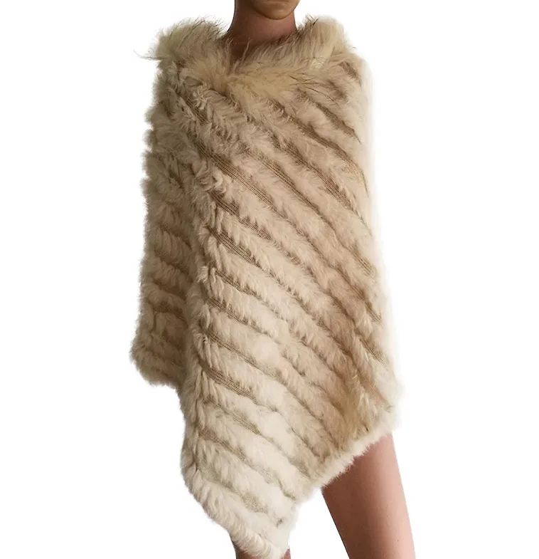 Beige HSPL, женское меховое пончо, мех енота, отделка, шаль, модная, негабаритная,, осенняя, вязаная, натуральный мех кролика, накидки, женские, серые пончо - Цвет: Beige