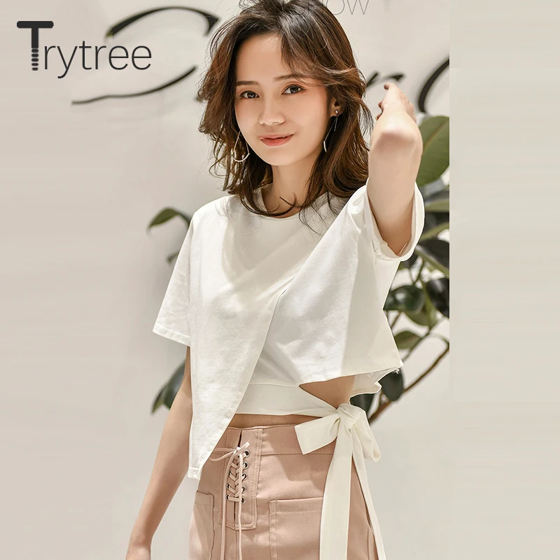 Trytree Летняя Повседневная Женская Однотонная футболка с круглым вырезом Женский