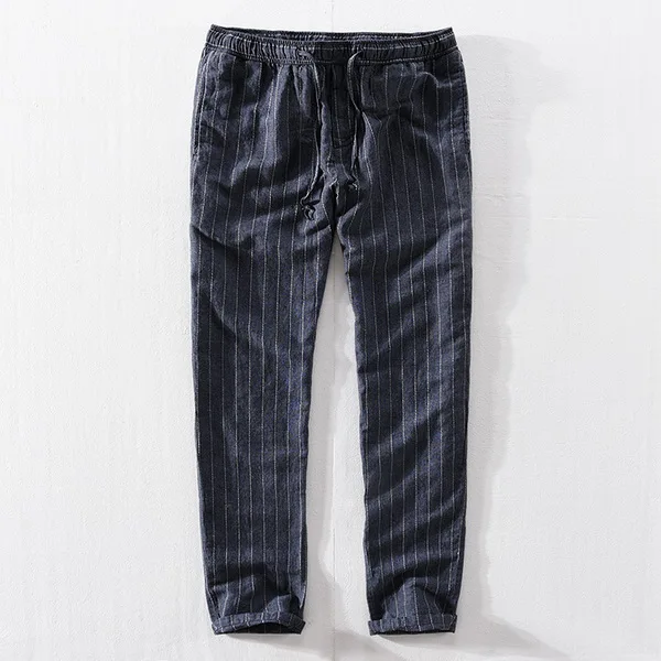 dark blue Новые льняные брюки мужские повседневные полосатые брюки с эластичной талией мужские 30-40 размер модные брюки мужские весенние pantalones broek - Цвет: dark blue