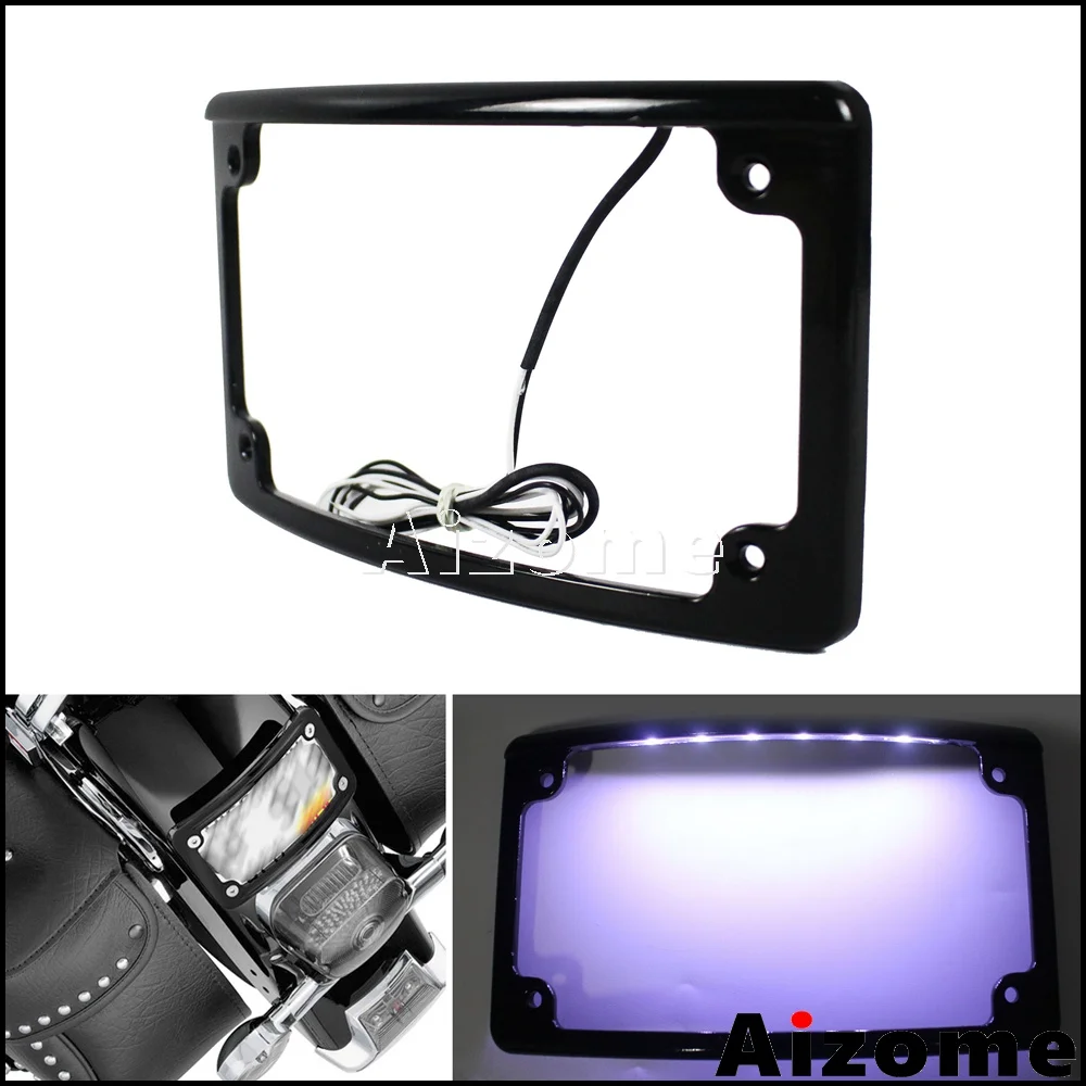 

Black Motorcycle Curved License Plate Frame w/ LED White Light License Number Plate Bracket Holder For Harley