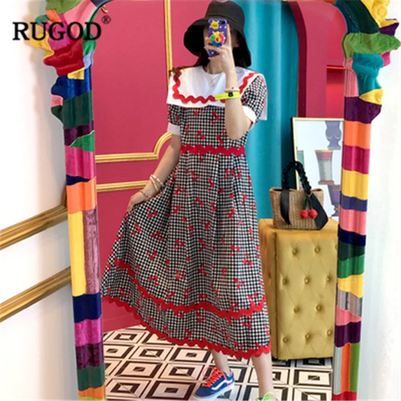 RUGOD 2019 Новое Женское шикарное клетчатое платье с вишневым принтом воротник Питер
