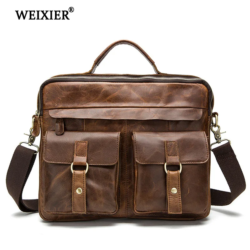 WEIXIER  New Men Briefcases Genuine Leather Vintage Handbag  Briefcase Messenger Shoulder Crossbody Bag Men's Business Bags