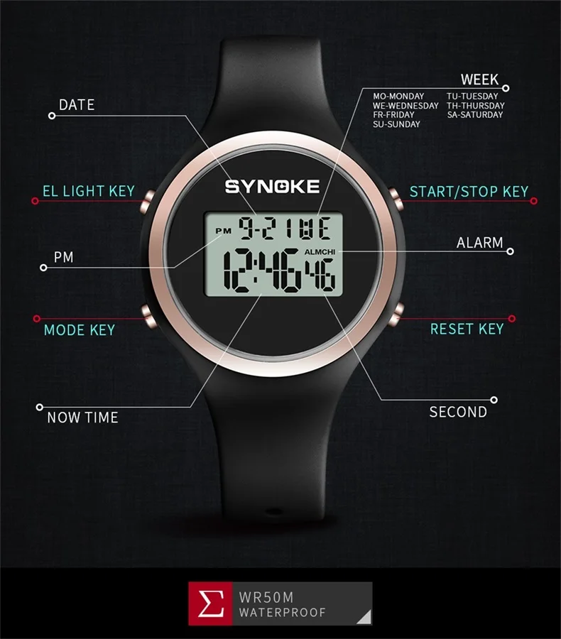 SYNOKE Women Sport Watch Pink Silicone Digital Candy Color Alarm Chronograph Multifunction Fashion Gril Wristwatch