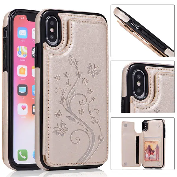 Золотой Для iPhone 11 Pro X XS MAX XR 6 6S 7 8 плюс бумажник чехол держатель для карт с цветочным принтом из искусственной кожи чехол для samsung S10E S10 S9 S8 плюс Чехол - Цвет: Золотой