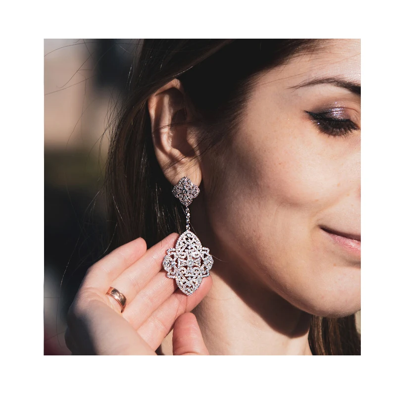 LUOTEEMI New Korea Style Big Brincos White Gold Color Elegant Jewelry Full Cubic Zircon Sparkling Drop Earring Double Flowers|drop earrings|earrings