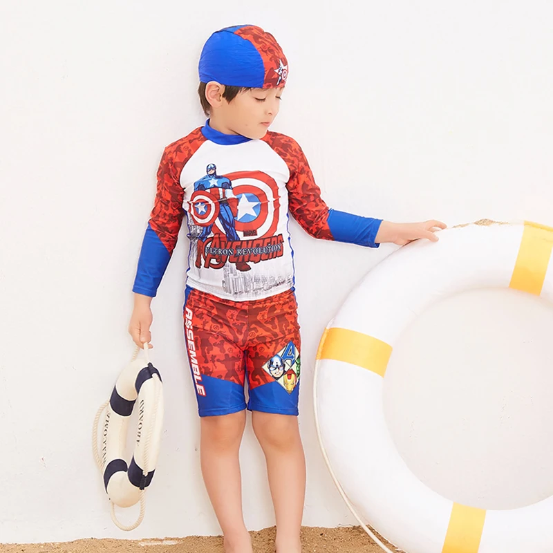 2018 Newest super man printed two-piece swimwear long sleeve surfing suit for children sports beachwear kids swimsuit with hat | Спорт и