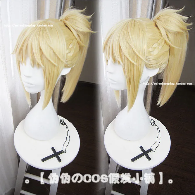 

Game Fate Apocrypha Mordred Cosplay Wig 40cm Long Light Golden Heat Resistant Synthetic Hair Wigs + Wig Cap