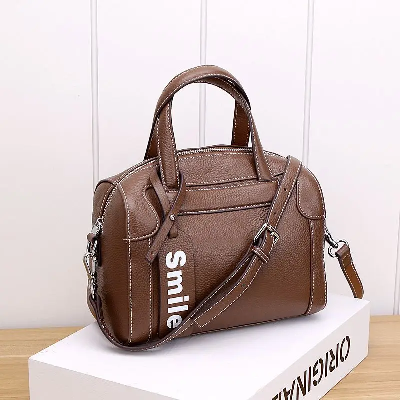 Deep khaki Настоящая коровья кожа улыбка кисточкой бостонские сумки маленькая сумка через плечо для женщин Женская кожа - Цвет: Deep khaki