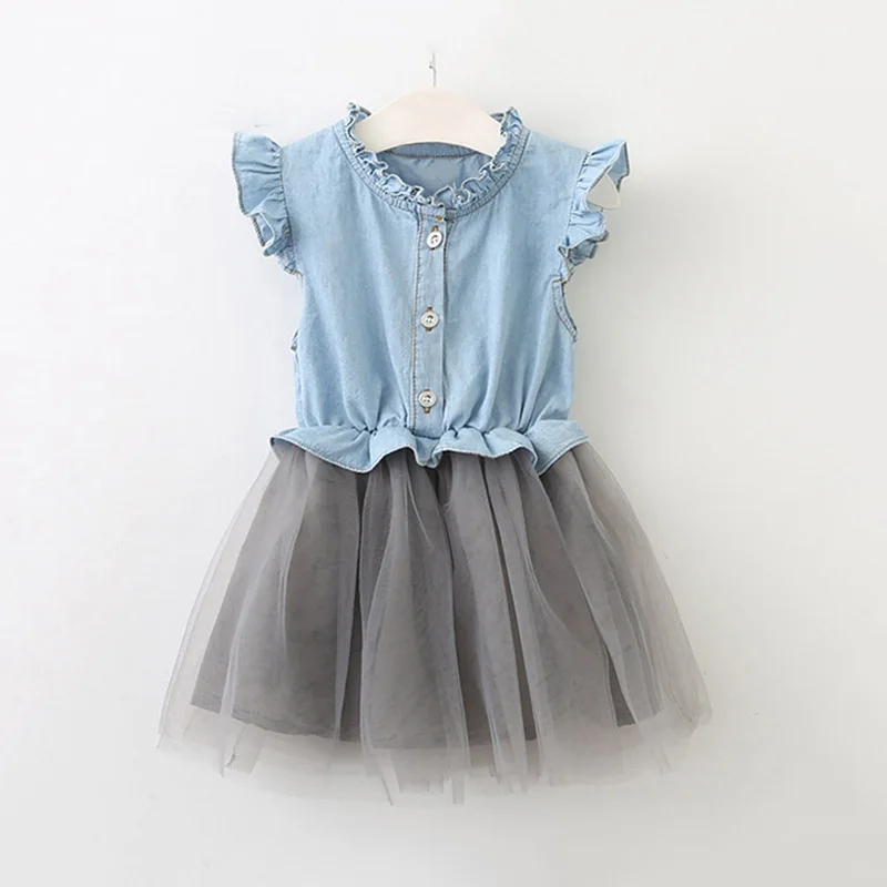 2018 Весеннее платье для девочки с рукавами-крылышками мыть ковбой Разделение