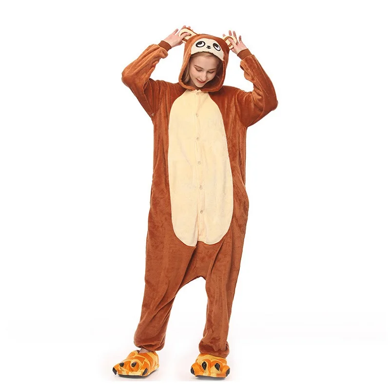 Животных коричневый обезьяна Onesie Kigurumi унисекс для взрослых фланелевые пижамы