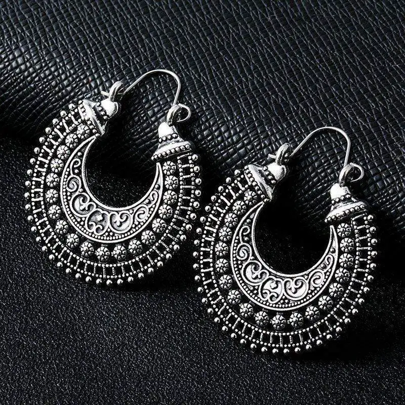 Antique Silver Индийские племенные латунные серьги, висячие серьги в форме цветка, украшенные вихрем «цыганские» серьги для женщин, богемные Винтажные серьги EAR00C000B02B - Окраска металла: Antique Silver